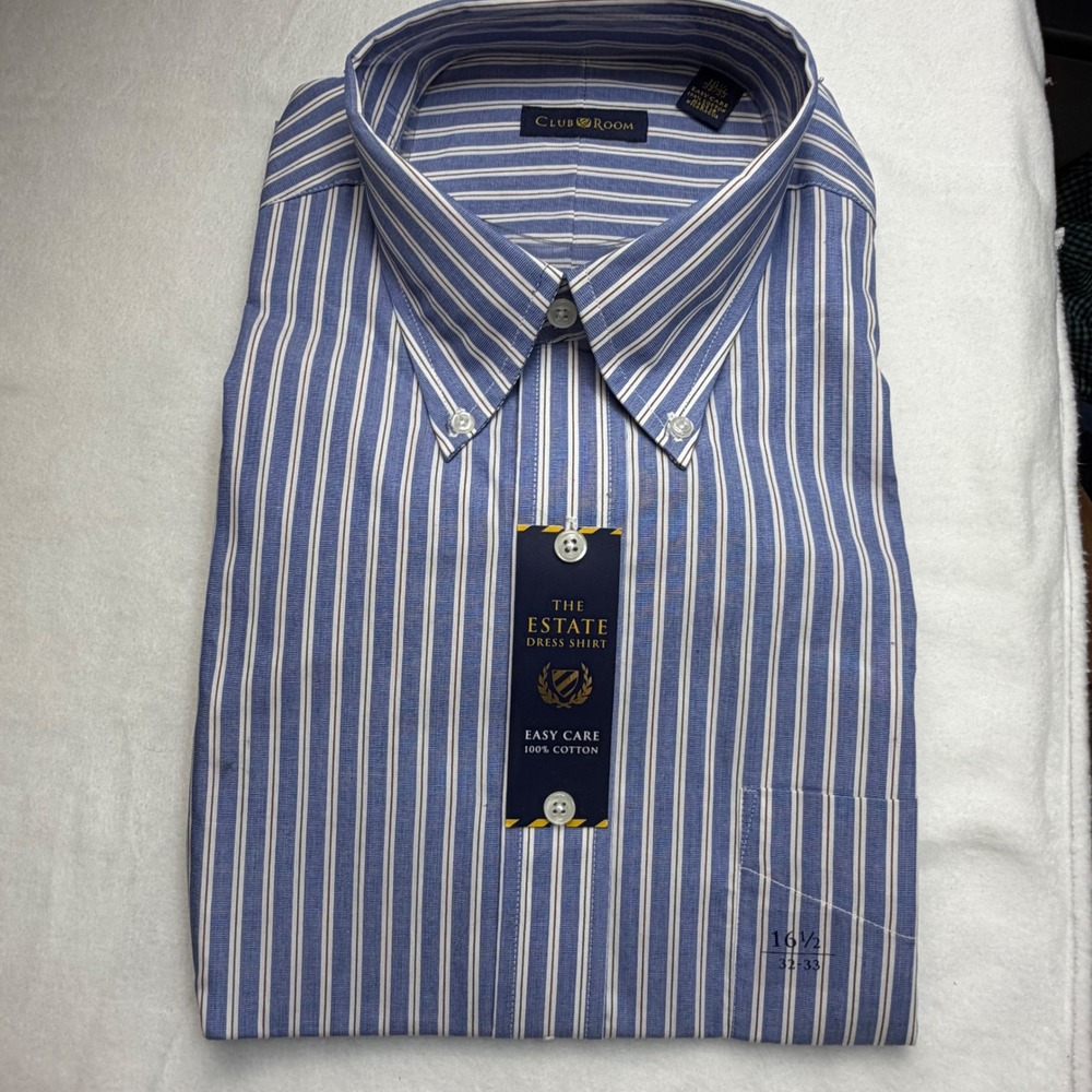 Club Room Mens Estate Dress Shirt Blue White Stripe 16.5‎ 32/33 Easy Care Cotton